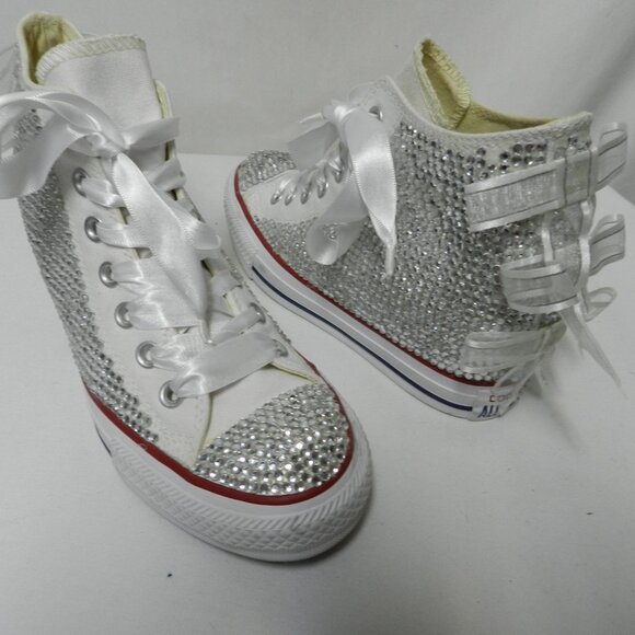 Converse Rhinestone Bling hidden wedge sneakers white sliver back bows Size Sz 8 - Picture 1 of 14